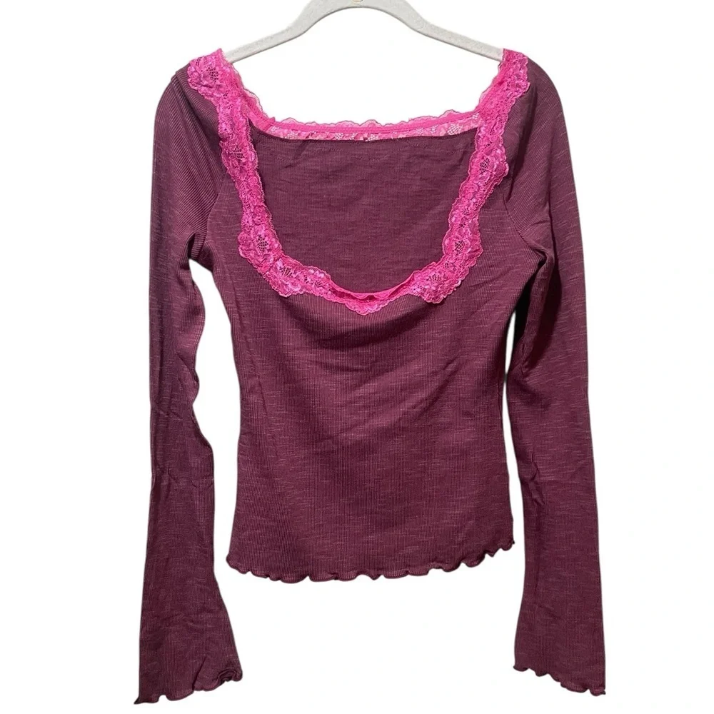Free People Oh My Darling Purple Lace Trim Cottagecore Boho Shirt L NWT